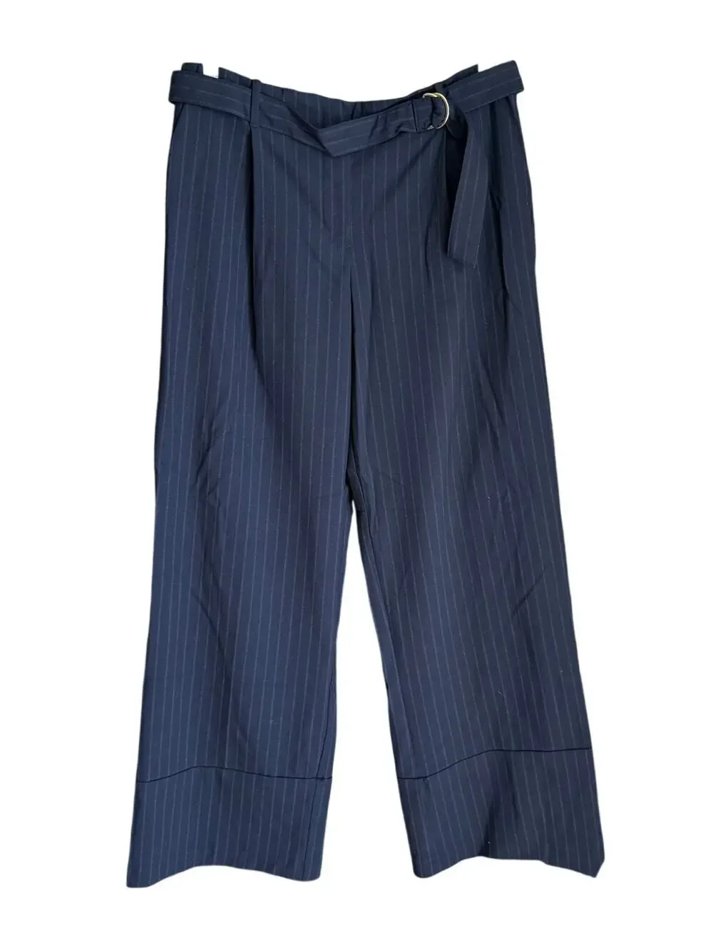 Zara Navy Blue Pinstripe Pleated Wide Leg Trouser Pants Sz L Classic Preppy Chic